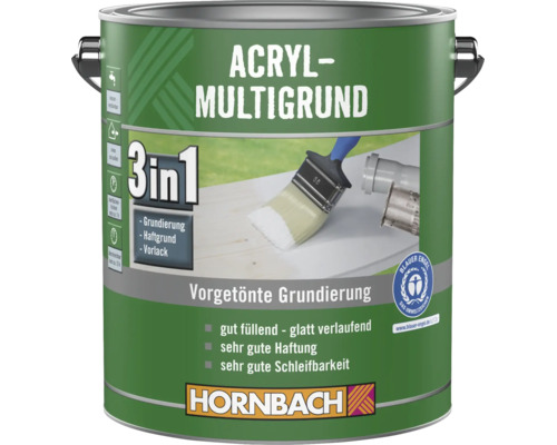 Hornbach Acryl-Multigrund 3 en 1, primaire teinté, primaire d'accrochage et sous-couche avec label écologique Ange Bleu. Hornbach Logo.