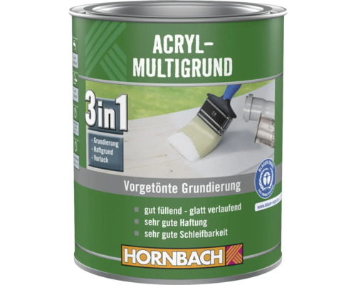 Hornbach Acryl-Multigrund 3 in 1, vorgetönte Grundierung, Haftgrund und Vorlack, Blauer Engel Siegel, Hornbach Logo.