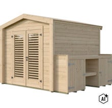 Abri de jardin en bois avec porte double et extension latérale avec étagères. (Image AI modified or generated)