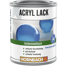 Laque acrylique satinée Hornbach, séchage rapide, bon pouvoir couvrant, application facile, label Ange Bleu, Hornbach Logo.