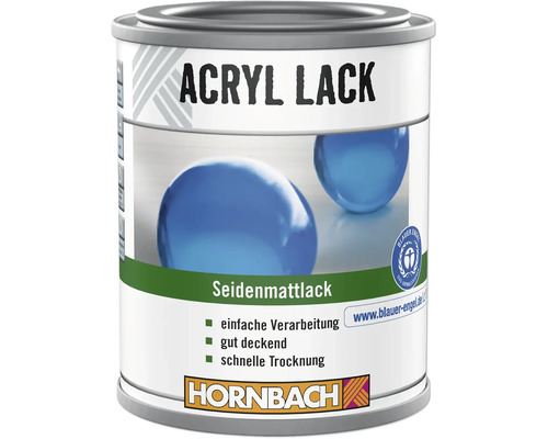 Hornbach Acryl Lack Seidenmattlack, schnell trocknend, gut deckend, einfache Verarbeitung, Blauer Engel Siegel, Hornbach Logo.