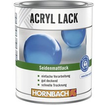 Hornbach Acryllack seidenmatt, gut deckend und schnell trocknend, umweltfreundlich zertifiziert. Hornbach Logo.