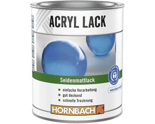 Vernis acrylique Hornbach satiné, bon pouvoir couvrant et séchage rapide, certifié écologique. Hornbach Logo.