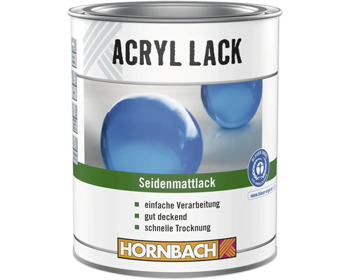 Vernis acrylique Hornbach, vernis satiné en boîte métallique, certifié écologique avec l Ange Bleu, Hornbach Logo.