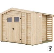 Abri de jardin en bois avec porte double, fenêtres et annexe latérale pour le bois de chauffage. (Image AI modified or generated)