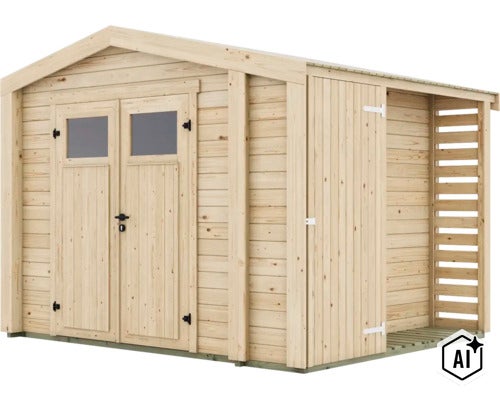 Abri de jardin en bois avec porte double, fenêtres et annexe latérale pour le bois de chauffage. (Image AI modified or generated)