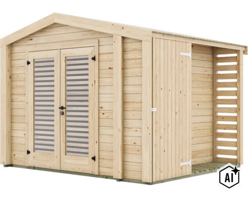 Abri de jardin en bois avec double porte et auvent latéral intégré (Image AI modified or generated)