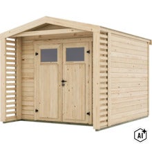 Abri de jardin en bois avec porte double et parois latérales à claire-voie. (Image AI modified or generated)