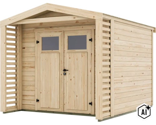 Abri de jardin en bois avec porte double et parois latérales à claire-voie. (Image AI modified or generated)