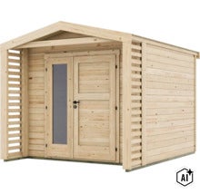 Abri de jardin en bois avec porte double, un élément vitré et des parois latérales pare-vue pour le jardin. (Image AI modified or generated)
