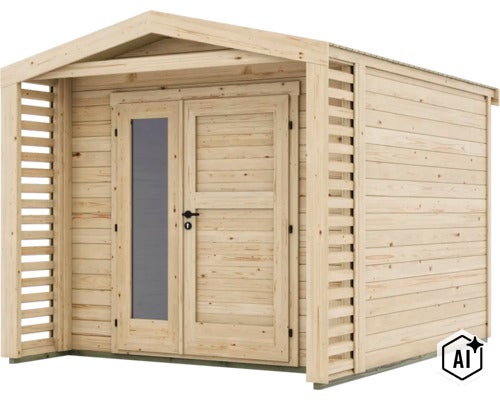Abri de jardin en bois avec porte double, un élément vitré et des parois latérales pare-vue pour le jardin. (Image AI modified or generated)