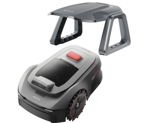 Robot tondeuse Mova et garage de protection gris avec bouton stop rouge et roues profilées