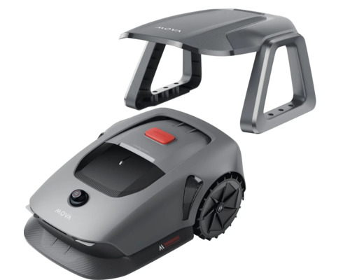 Robot tondeuse Mova avec garage pour l'entretien automatisé de la pelouse.