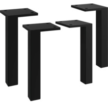 Lot de quatre pieds de meubles en métal noir de forme carrée pour tables et commodes.