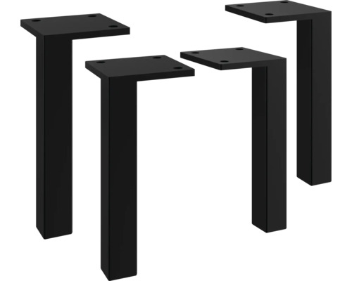 Lot de quatre pieds de meubles en métal noir de forme carrée pour tables et commodes.