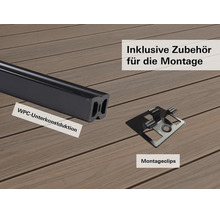 Sous-structure en WPC et clips de montage avec accessoires pour l'installation d'une terrasse.
