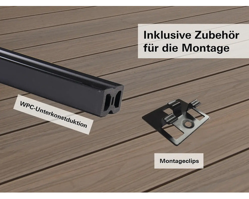 Sous-structure en composite bois-plastique et clips de montage avec accessoires pour la pose de terrasses.