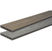 Lames de terrasse en bois composite avec veinure de bois et profilé alvéolaire dans les couleurs brun et gris.