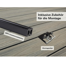 Sous-structure en WPC pour la terrasse avec des clips de montage comme accessoires pour le montage.