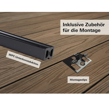 Sous-structure en WPC et clips de montage avec accessoires pour l'installation de terrasse sur une surface en bois.