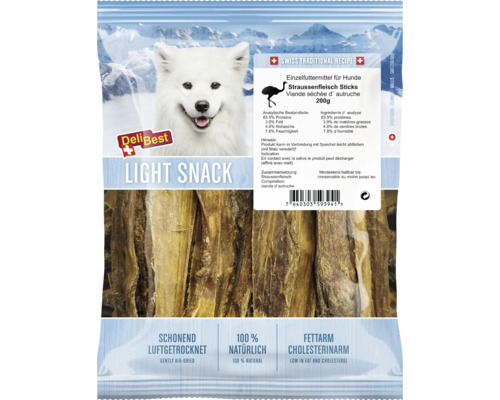 DeliBest friandise Light Snack bâtonnets d'autruche, 200 grammes, séchée à l'air, pauvre en graisses, 100 pour cent naturel.