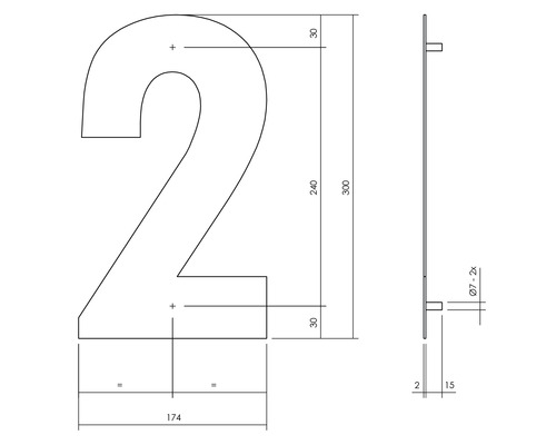 Technische Zeichnung einer Hausnummer Zwei mit Maßangaben