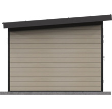 Seitenansicht eines Gartenhauses mit Pultdach und horizontalen Holzpaneelen in Beige.