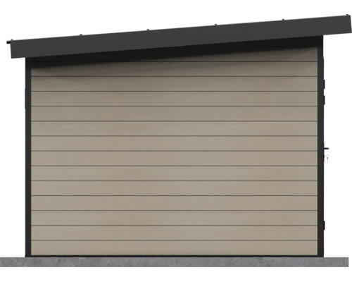 Seitenansicht eines Gartenhauses mit Pultdach und horizontalen Holzpaneelen in Beige.