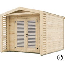 Abri de jardin en bois avec porte double et parois latérales à claire-voie, abri en bois de conifères avec toit à deux pans (Image AI modified or generated)
