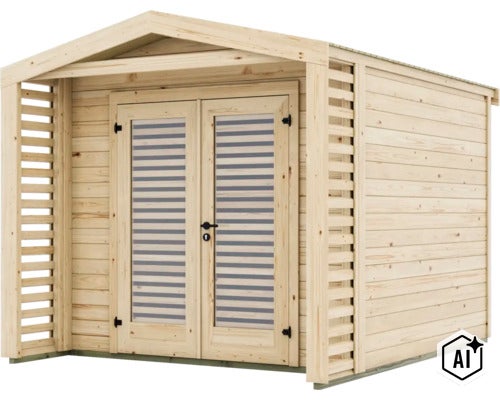 Abri de jardin en bois avec porte double et parois latérales à claire-voie, abri en bois de conifères avec toit à deux pans (Image AI modified or generated)