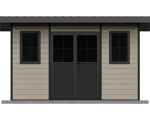 Fassade eines Gartenhauses mit Doppeltür, zwei Fenstern und horizontalen Paneelen.