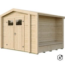 Abri de jardin en bois avec double porte et extension intégrée avec banc (Image AI modified or generated)
