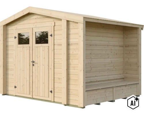 Abri de jardin en bois avec double porte et extension intégrée avec banc (Image AI modified or generated)