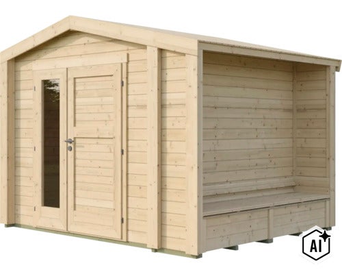 Abri de jardin en bois avec double porte et auvent latéral intégré avec banc. (Image AI modified or generated)