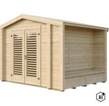 Abri de jardin en bois avec double porte et auvent intégré avec banc pour le jardin (Image AI modified or generated)