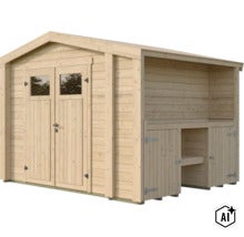 Abri de jardin en bois avec double porte et appentis intégré avec espace de rangement. (Image AI modified or generated)