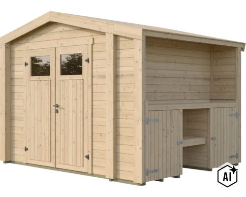 Abri de jardin en bois avec double porte et appentis intégré avec espace de rangement. (Image AI modified or generated)