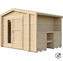 Abri de jardin en bois avec double porte, fenêtre vitrée et extension latérale avec espace de rangement (Image AI modified or generated)