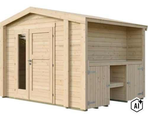 Abri de jardin en bois avec double porte, fenêtre vitrée et extension latérale avec espace de rangement (Image AI modified or generated)