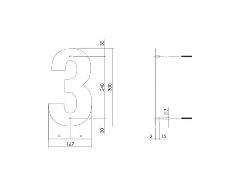 Dessin technique du numéro de maison 3 avec dimensions