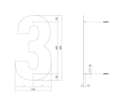 Dessin technique du numéro de maison 3 avec indications de dimensions