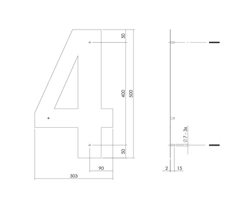 Technische Zeichnung der Hausnummer 4 mit Maßen