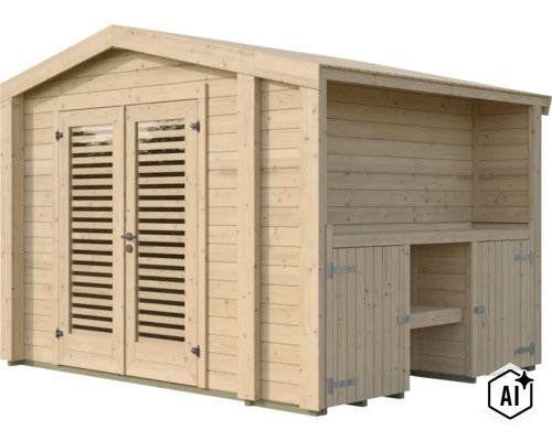 Abri de jardin en bois avec double porte et extension latérale intégrée pour un espace de rangement supplémentaire. (Image AI modified or generated)