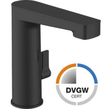 Schwarze Waschtischarmatur mit DVGW-Prüfzeichen.