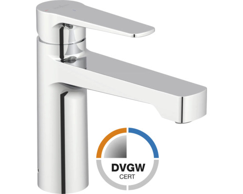 Mitigeur de lavabo monocommande en métal chromé avec certification DVGW.