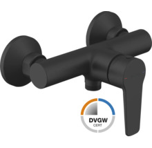 Einhebel-Brausearmatur Jungborn in Schwarz matt mit DVGW-Prüfzeichen und Jungborn Logo.