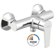 Einhebel-Brausearmatur aus verchromtem Metall mit DVGW-Zertifikat und Jungborn Logo.