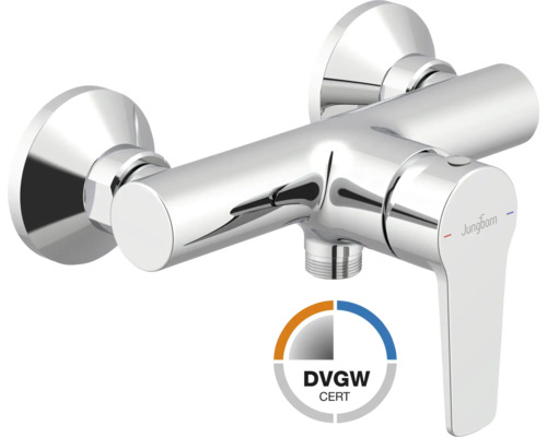 Einhebel-Brausearmatur aus verchromtem Metall mit DVGW-Zertifikat und Jungborn Logo.