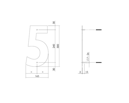 Dessin technique du numéro de maison 5 avec indications de dimensions