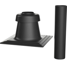 Traversée de toiture noire avec plaque de base carrée et tuyau assorti pour systèmes de ventilation.